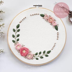 Boho Gold Rose Wreath Hand Embroidery Pattern | Beginner/Intermediate Embroidery Pattern | Modern Embroidery Pattern | Floral Embroidery
