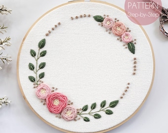 Boho Gold Rose Wreath Hand Embroidery Pattern | Beginner/Intermediate Embroidery Pattern | Modern Embroidery Pattern | Floral Embroidery