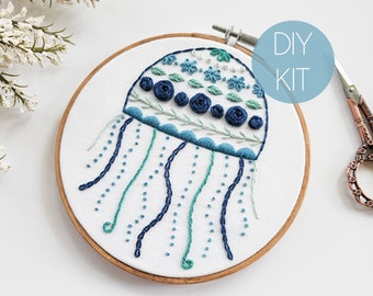 Beginner Sampler Embroidery Kit | Modern DIY Kit | Jellyfish Hand Embroidery Kit | Beginner/Intermediate Modern Floral Embroidery Kit