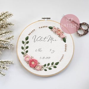 Baby Boho Rose Wreath Hand Embroidery Pattern | Birth Announcement Embroidery | Beginner Embroidery Pattern | Modern Embroidery Pattern