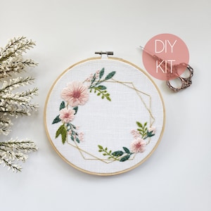Embroidery Kit | Modern DIY Kit | Floral Boho Gold Wreath Hand Embroidery Kit | Beginner/Intermediate Embroidery Kit | Mother's Day Gift