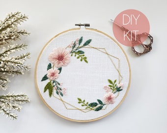 Embroidery Kit | Modern DIY Kit | Floral Boho Gold Wreath Hand Embroidery Kit | Beginner/Intermediate Embroidery Kit | Mother's Day Gift