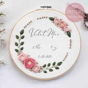 Baby Boho Rose Wreath Hand Embroidery Pattern | Birth Announcement Embroidery | Beginner Embroidery Pattern | Modern Embroidery Pattern