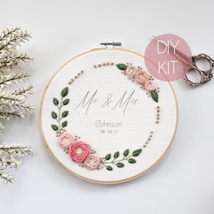 Embroidery Kit | Modern DIY Kit | Boho Gold Rose Wreath Hand Embroidery Kit | Beginner/Intermediate Embroidery Kit | Mother&#39;s Day Gift