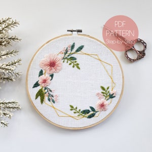 Floral Boho Gold Wreath Hand Embroidery Pattern - Beginner/Intermediate Embroidery Pattern - Modern Embroidery Pattern