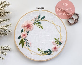 Floral Boho Gold Wreath Hand Embroidery Pattern - Beginner/Intermediate Embroidery Pattern - Modern Embroidery Pattern