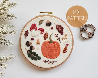 Fall Botanicals Embroidery Pattern | Cottagecore Beginner Embroidery Pattern | Modern Embroidery Pattern | Woodland Beginner PDF | Pumpkin