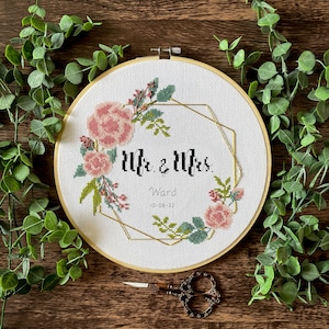 Mr and Mrs Floral Gold Boho Wreath Cross Stitch Pattern | Personalizable Wedding Cross Stitch Pattern | Counted Cross Stitch Digital Pattern