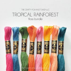 May include: A bundle of eight embroidery floss spools in various colors, including pink, blue, green, orange, and teal. The spools are labeled "DMC Special" and "DMC 25".