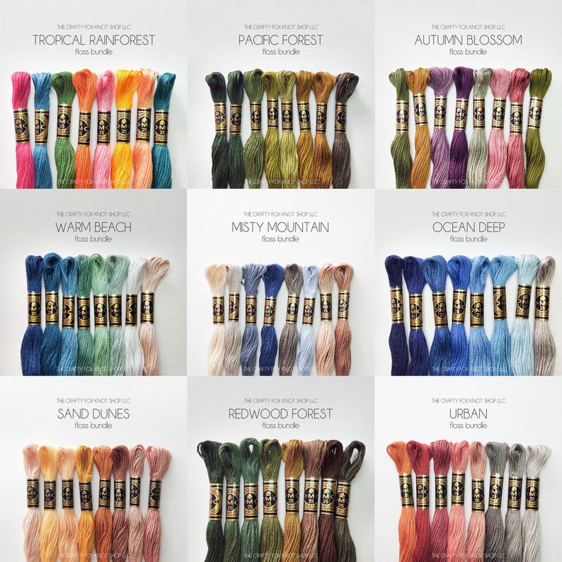 May include: A collection of 10 floss bundles, each with a different color scheme and theme. The themes are: Tropical Rainforest, Pacific Forest, Autumn Blossom, Warm Beach, Misty Mountain, Ocean Deep, Sand Dunes, Redwood Forest, and Urban.