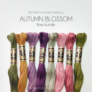 May include: A floss bundle called "Autumn Blossom" by The Crafty Fox Knot Shop LLC. The bundle includes eight skeins of embroidery floss in shades of green, brown, purple, pink, and gray.