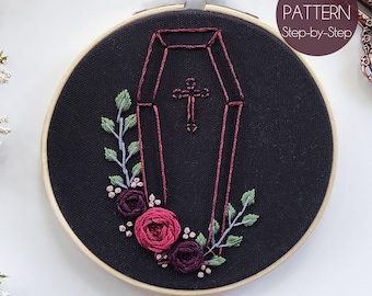 Floral Coffin Embroidery Pattern | Cottagecore Beginner Embroidery Pattern | Modern Embroidery Pattern | Halloween PDF Pattern