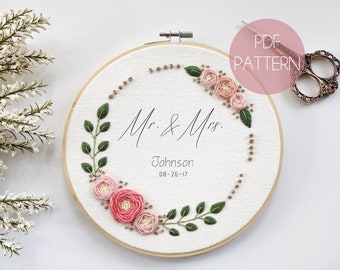 Mr and Mrs Boho Gold Rose Wreath Hand Embroidery Pattern | Beginner/Intermediate Embroidery Pattern | Modern Embroidery | Floral Embroidery