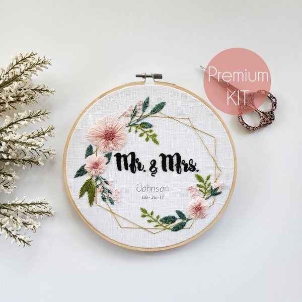 Premium Mr and Mrs Floral Wreath Hand Embroidery Kit | Personalizable Beginner/Intermediate Embroidery Kit | Modern Embroidery Kit | DIY Kit