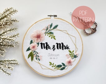 Mr and Mrs Floral Wreath Hand Embroidery Pattern - Personalizable Beginner/Intermediate Embroidery Pattern - Modern Embroidery Pattern