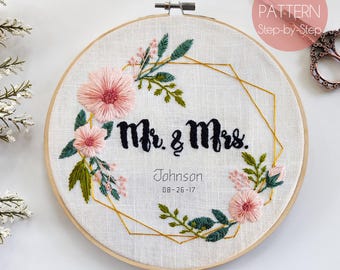 Mr and Mrs Floral Wreath Hand Embroidery Pattern - Personalizable Beginner/Intermediate Embroidery Pattern - Modern Embroidery Pattern