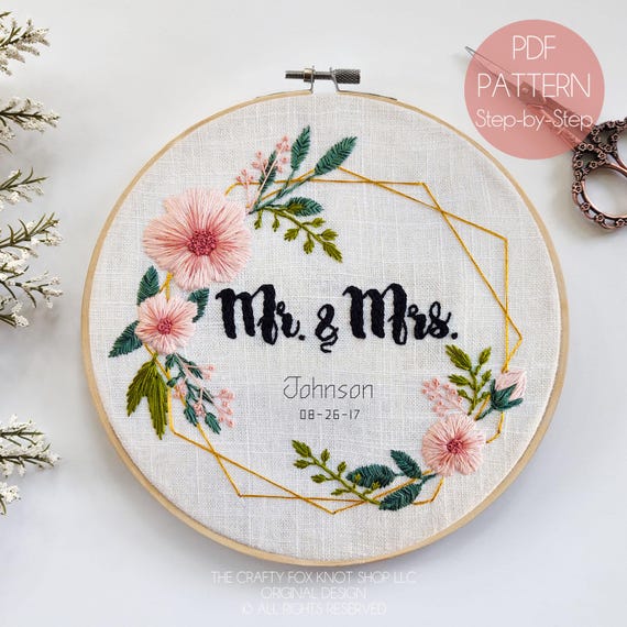 Mr and Mrs Floral Wreath Hand Embroidery Pattern - Personalizable Beginner/Intermediate Embroidery Pattern - Modern Embroidery Pattern