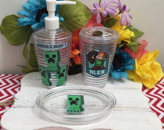 Minecraft bathroom decorations/Minecraft soap dispenser/toothbrush holder/Minecraft soap dish/Soap Dispenser/Minecraft bathroom. New