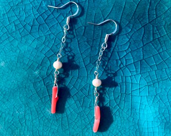 Sterling silver, pearl, + coral earrings