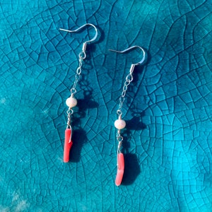 Sterling silver, pearl, + coral earrings