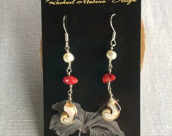 Spiral Shell, Coral, and Pearl Earrings