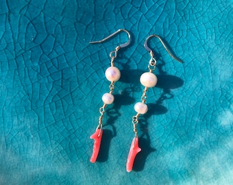 14k gold, pearl, and coral earrings