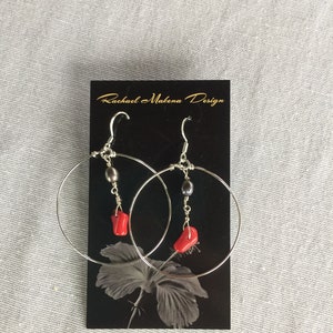 Silver Hoops with Pearl and Coral