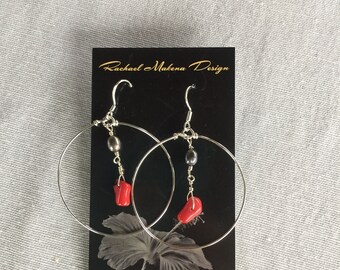 Silver Hoops with Pearl and Coral