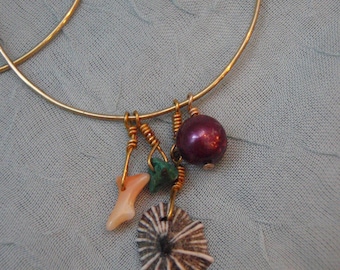 Shell, Coral, Pearl & Turquoise Gold Hoop Earrings