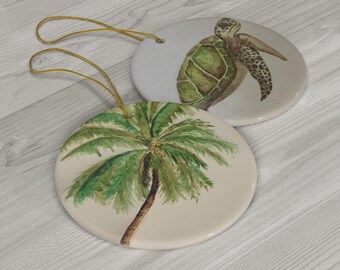 Two-Sided Hawaiian Christmas Ornament- turtle & palm