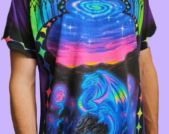 Dragon T-Shirt, Cosmic Psychedelic Fantasy Graphic Tee, Painted Artwork