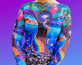 Trippy Mesh Crop Top- Psychedelic Art Rave and Festival Clothing, tree of life, visionary art top