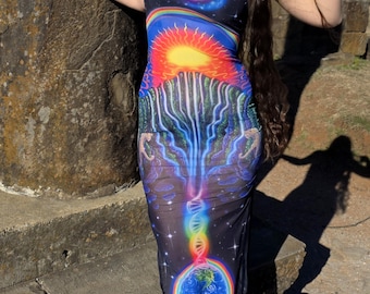 Psychedelic Dress, mesh colorful festival rave dress, hippie rainbow earth visionary, MADE TO ORDER