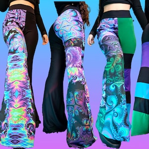 Custom Trippy Flare Pants- MADE TO ORDER, psychedelic festival rave pants, patchwork fractal womens pants, colorful, custom length and size