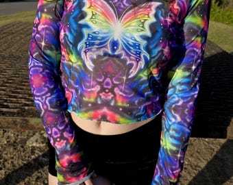 Butterfly Mesh Crop Top – Rainbow Cosmic Rave Shirt. Psychedelic Festival Clothing