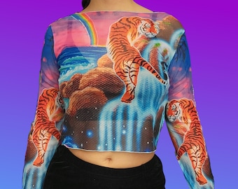 Tiger Waterfall Mesh Crop Top – Psychedelic Rave Festival Clothing