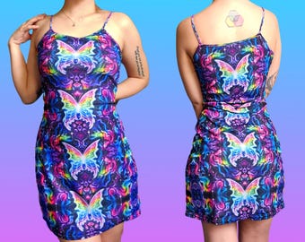 Butterfly Mesh Dress, Electric Rainbow Print, Festival Rave Outfit