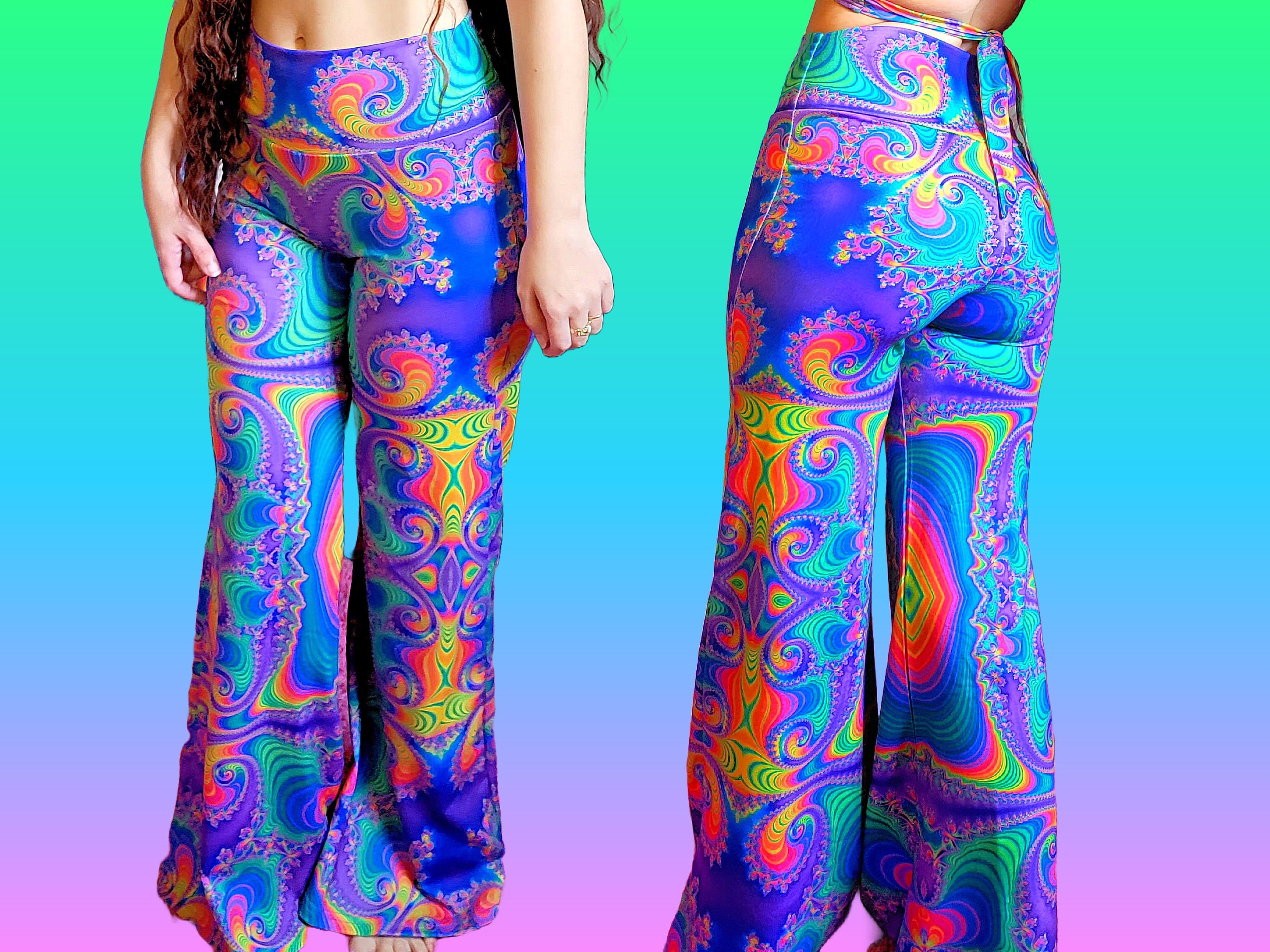 Trippy Rainbow Fractal Flare Pants Psychedelic Art Rave and - Etsy