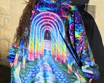 Visionary Oversize Blanket Hoodie- Comfortable sherpa wearable blanket, rainbow psychedelic festival hippie jacket pullover