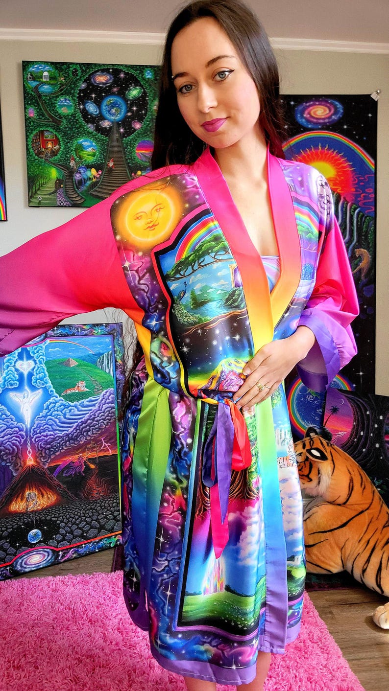 Rainbow Rbe Satin Kimono Robe: Rainbow Psychedelic Rave Cover-up - Sun & Moon - Etsy