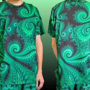 Trippy Green Shirt- Cotton Shirt, Men&#39;s Festival shirt- Fractal Green psychedelic shirt- Hippie Men&#39;s Fashion- Rave Clothing