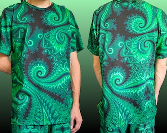 Trippy Green Fractal Shirt: Psychedelic Rave Fashion