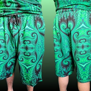 Psychedelic Men&#39;s Shorts- Trippy green 100% cotton shorts, men&#39;s festival and rave wear, green fractal, unisex shorts with pockets