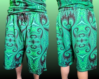 Psychedelic Men's Cotton Shorts: Green Fractal Rave Wear