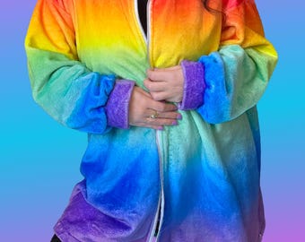 Rainbow Oversized Fleece Jacket, Soft Cozy Zip Up, Lightweight Wearable Blanket Coat, Pride Outfit, Festival Rave Jacket, 90s Retro vibe
