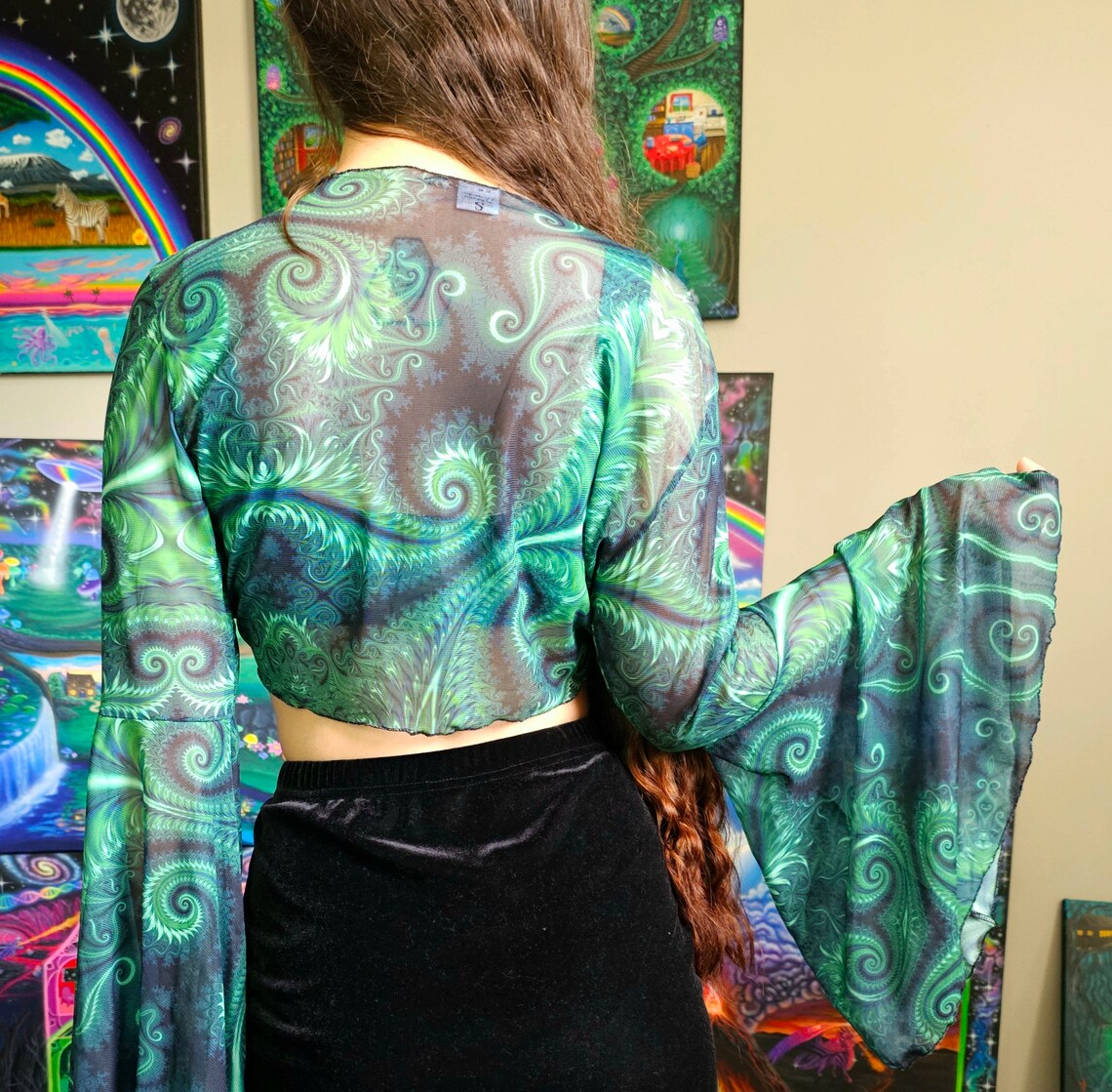 Trippy Green Bell Sleeve Mesh Crop Top, Rave Festival Clothing - Etsy