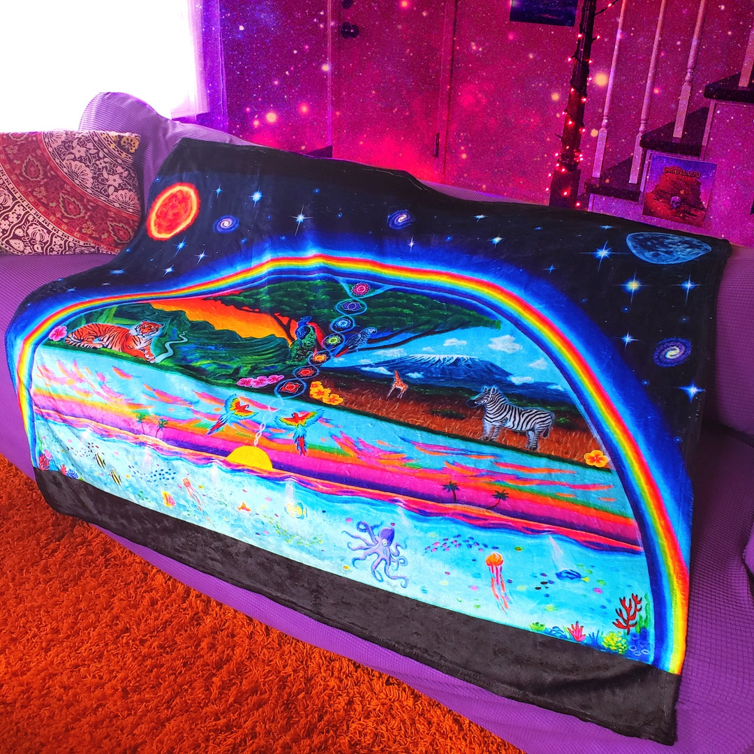 Colorful Art Throw Blanket Trippy, Rainbow, Boho, Visionary