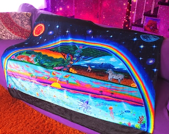 Trippy Rainbow Art Throw Blanket: Visionary Sun & Moon Decor