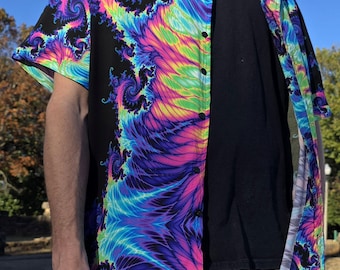 Psychedelic Fractal Button Up Shirt- Men's Rayon Festival Fashion, Trippy Rave clothing, sacred geometry
