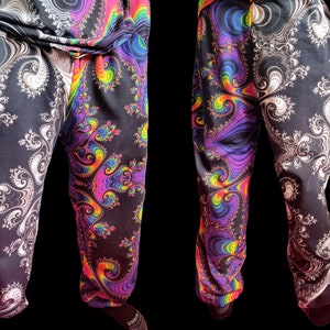 Psychedelic Fractal Men&#39;s Sweatpants- Half black half rainbow- Trippy Art Rave and Festival Men&#39;s Clothing- MADE TO ORDER